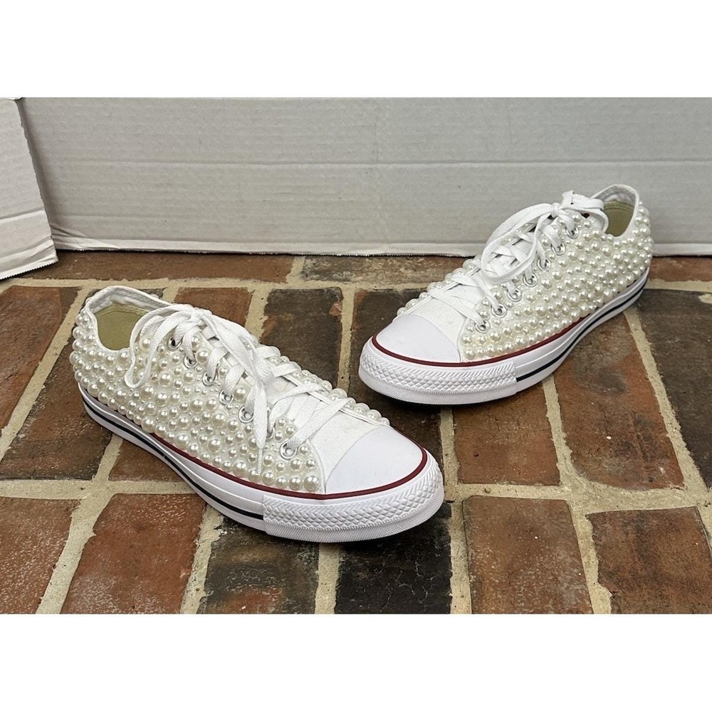 Converse All Star White Faux Pearl Bridal Low Top Bling Sneakers Women's 10.5